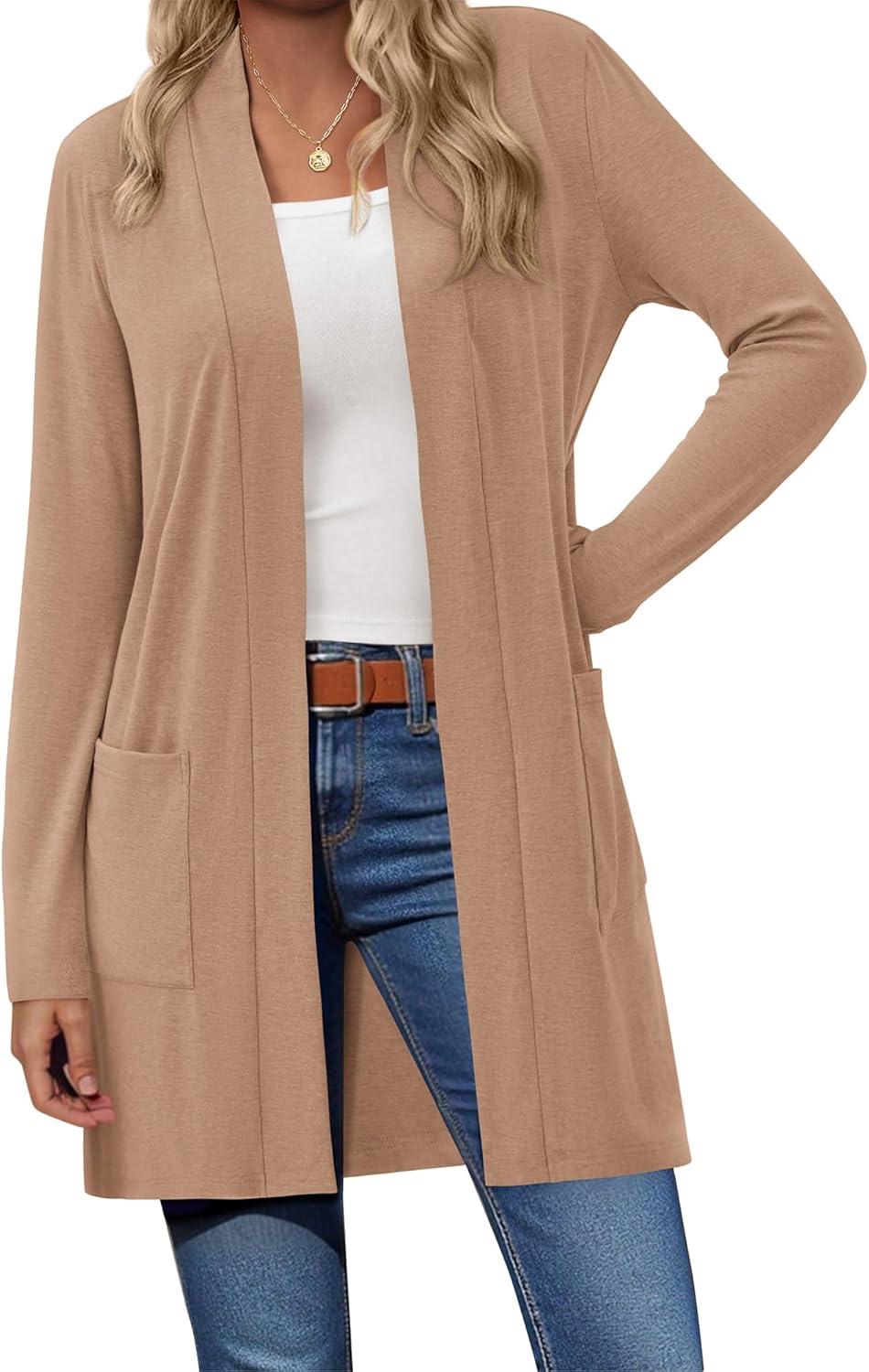 imageBTFBM Long Cardigans for Women Trendy Pockets Spring Clothes 2026 Casual Open Front Lightweight Shawl CardiganKhaki