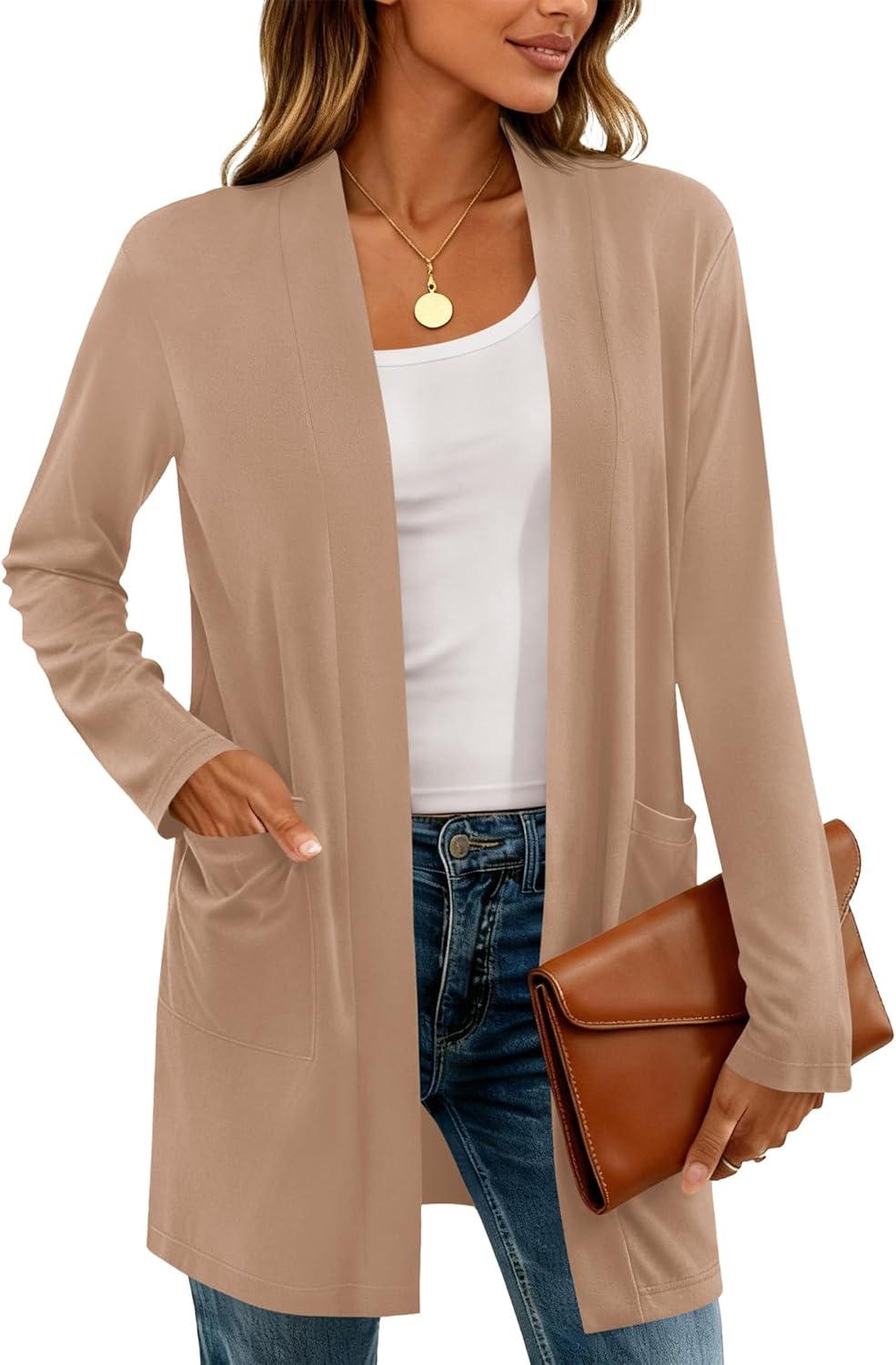 imageBTFBM Long Cardigans for Women Trendy Pockets Spring Clothes 2026 Casual Open Front Lightweight Shawl CardiganKhaki