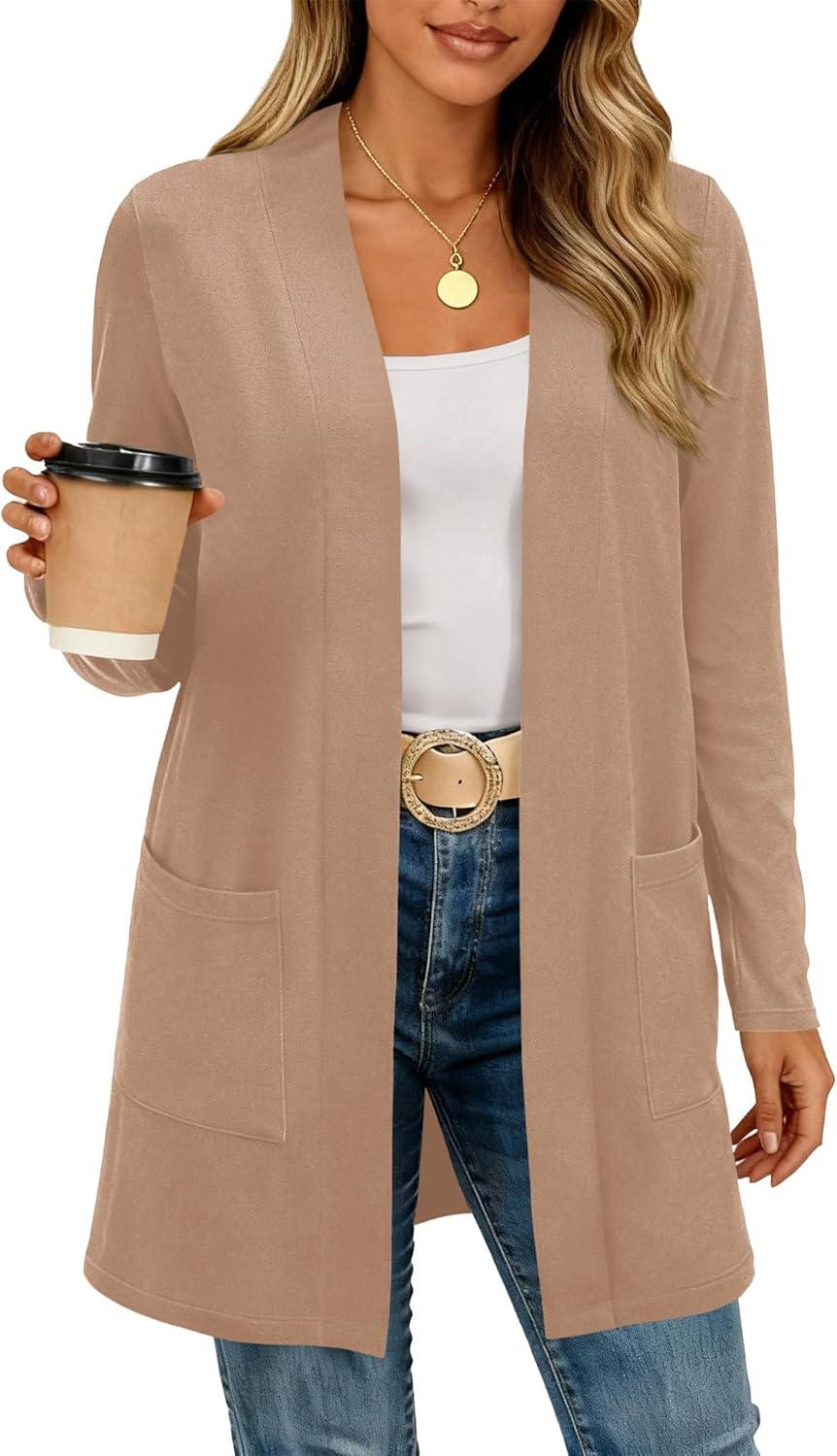 imageBTFBM Long Cardigans for Women Trendy Pockets Spring Clothes 2026 Casual Open Front Lightweight Shawl CardiganKhaki