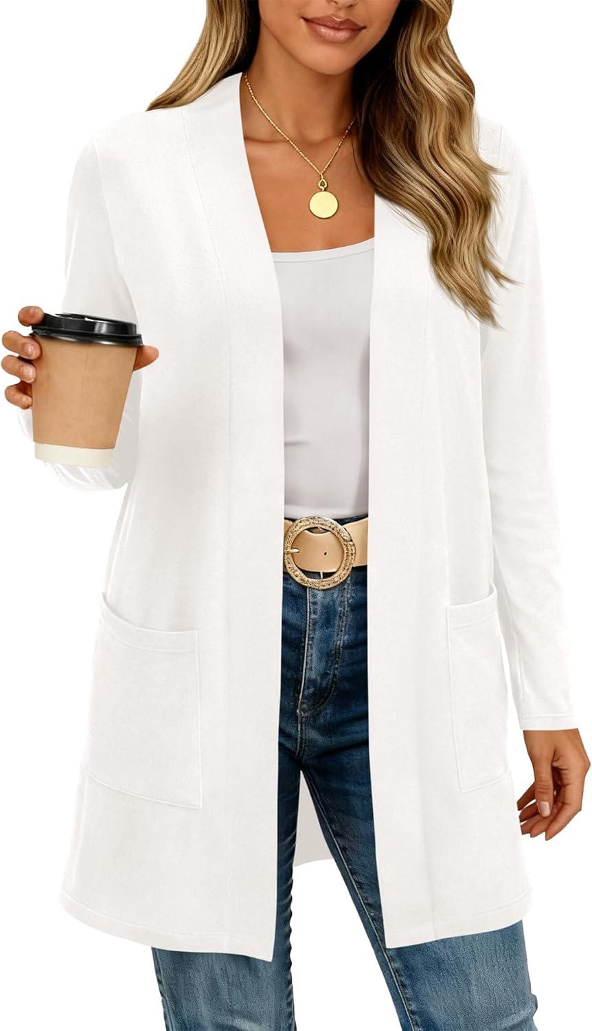 imageBTFBM Long Cardigans for Women Trendy Pockets Spring Clothes 2026 Casual Open Front Lightweight Shawl CardiganWhite
