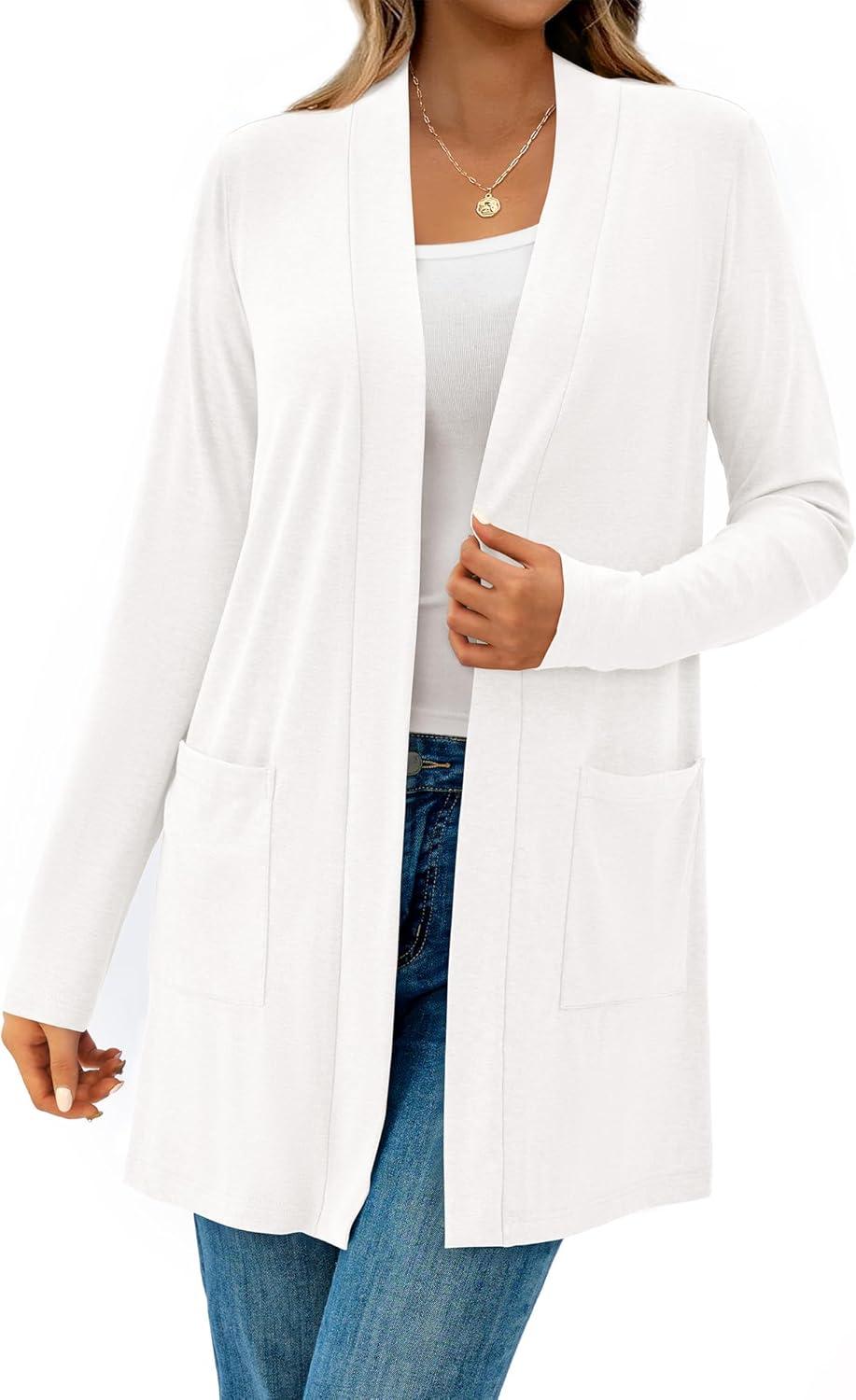 imageBTFBM Long Cardigans for Women Trendy Pockets Spring Clothes 2026 Casual Open Front Lightweight Shawl CardiganWhite