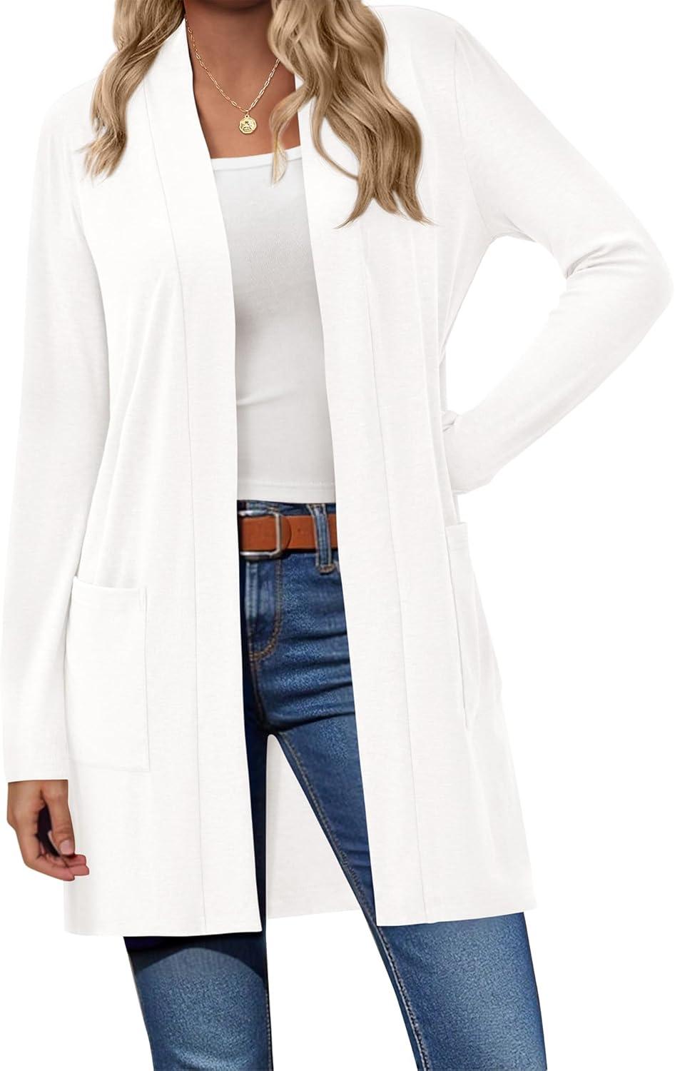 imageBTFBM Long Cardigans for Women Trendy Pockets Spring Clothes 2026 Casual Open Front Lightweight Shawl CardiganWhite
