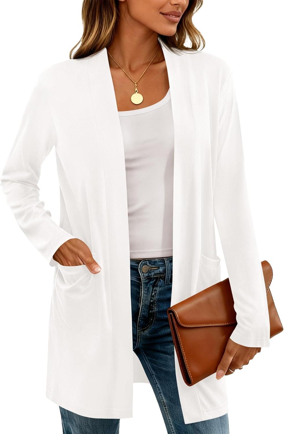 imageBTFBM Long Cardigans for Women Trendy Pockets Spring Clothes 2026 Casual Open Front Lightweight Shawl CardiganWhite