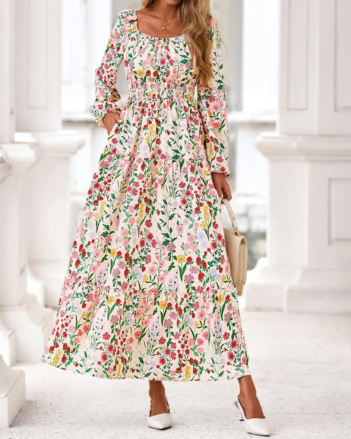 imageBTFBM Long Sleeve Dress for Women 2026 Spring Fall Boho Floral Square Neck Casual Flowy Long Wedding Guest Maxi DressesFloral Apricot Multi