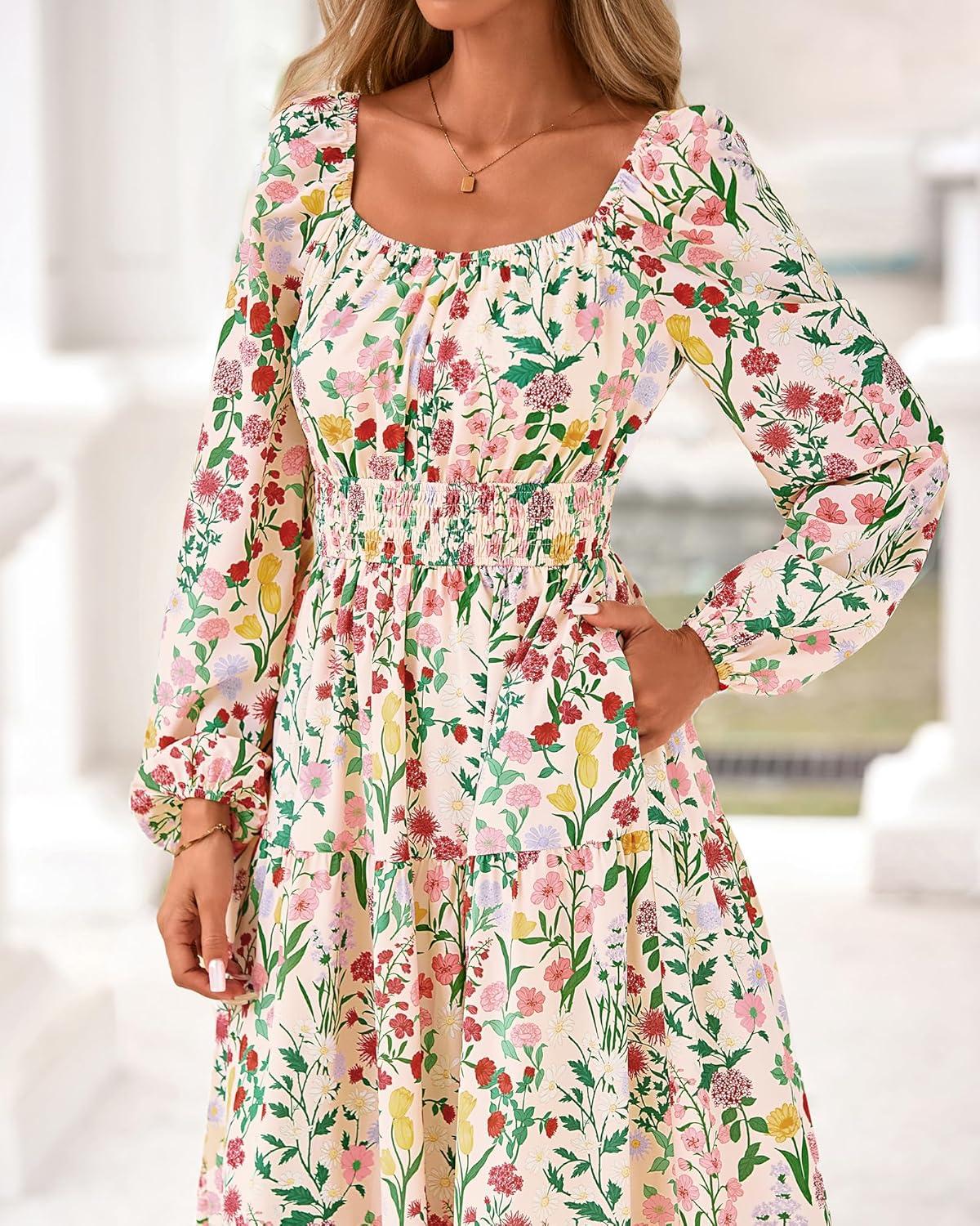 imageBTFBM Long Sleeve Dress for Women 2026 Spring Fall Boho Floral Square Neck Casual Flowy Long Wedding Guest Maxi DressesFloral Apricot Multi