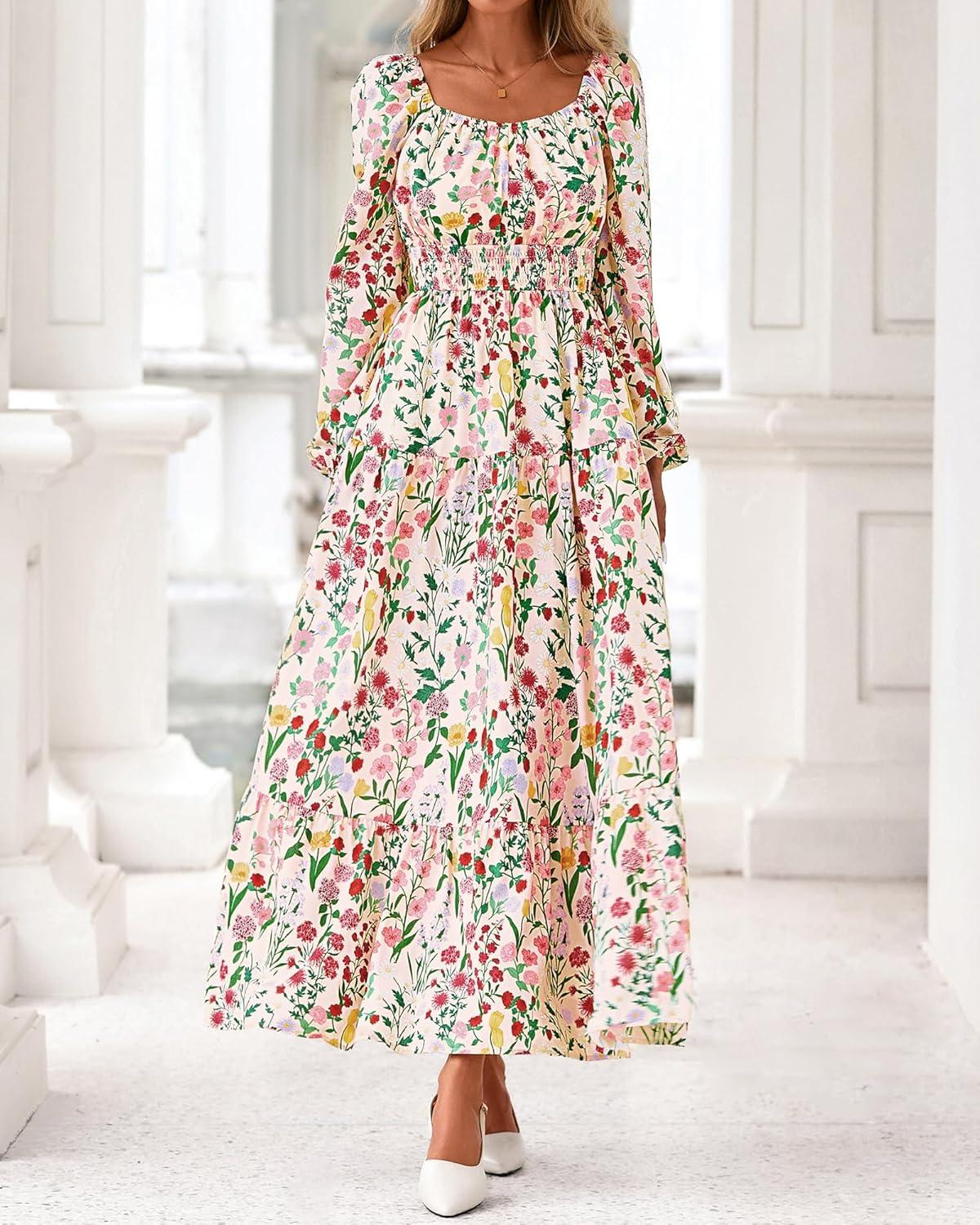 imageBTFBM Long Sleeve Dress for Women 2026 Spring Fall Boho Floral Square Neck Casual Flowy Long Wedding Guest Maxi DressesFloral Apricot Multi
