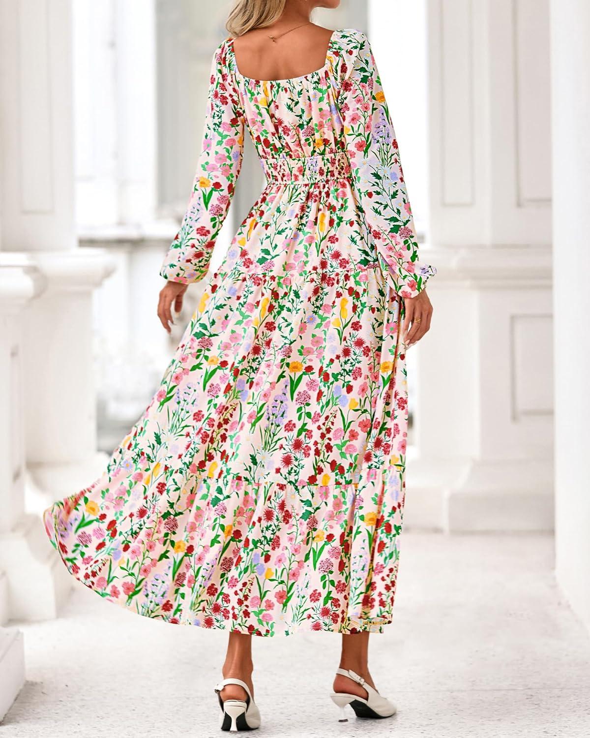 imageBTFBM Long Sleeve Dress for Women 2026 Spring Fall Boho Floral Square Neck Casual Flowy Long Wedding Guest Maxi DressesFloral Apricot Multi