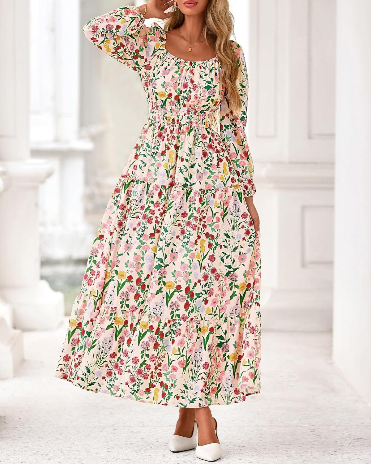 imageBTFBM Long Sleeve Dress for Women 2026 Spring Fall Boho Floral Square Neck Casual Flowy Long Wedding Guest Maxi DressesFloral Apricot Multi