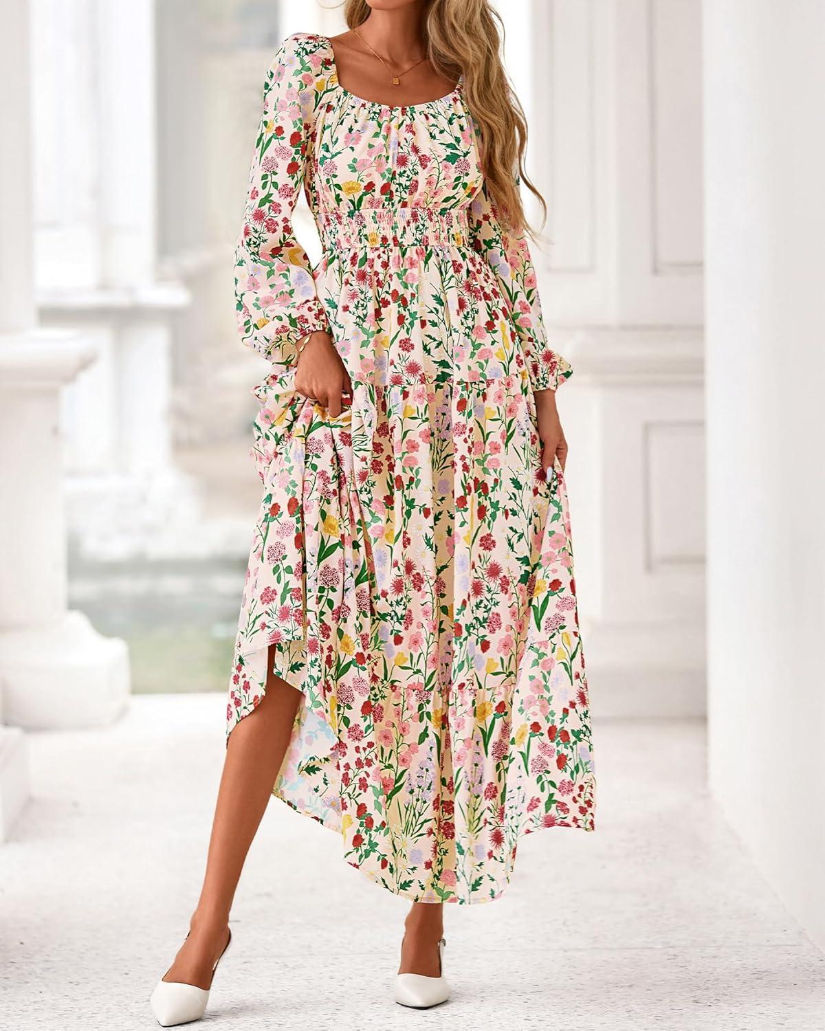 imageBTFBM Long Sleeve Dress for Women 2026 Spring Fall Boho Floral Square Neck Casual Flowy Long Wedding Guest Maxi DressesFloral Apricot Multi