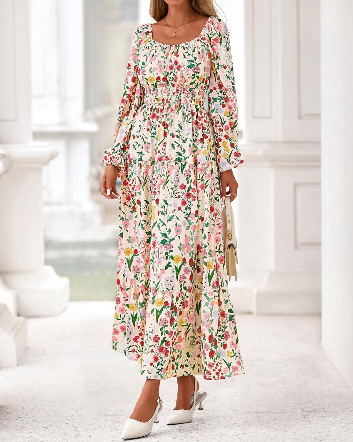 imageBTFBM Long Sleeve Dress for Women 2026 Spring Fall Boho Floral Square Neck Casual Flowy Long Wedding Guest Maxi DressesFloral Apricot Multi