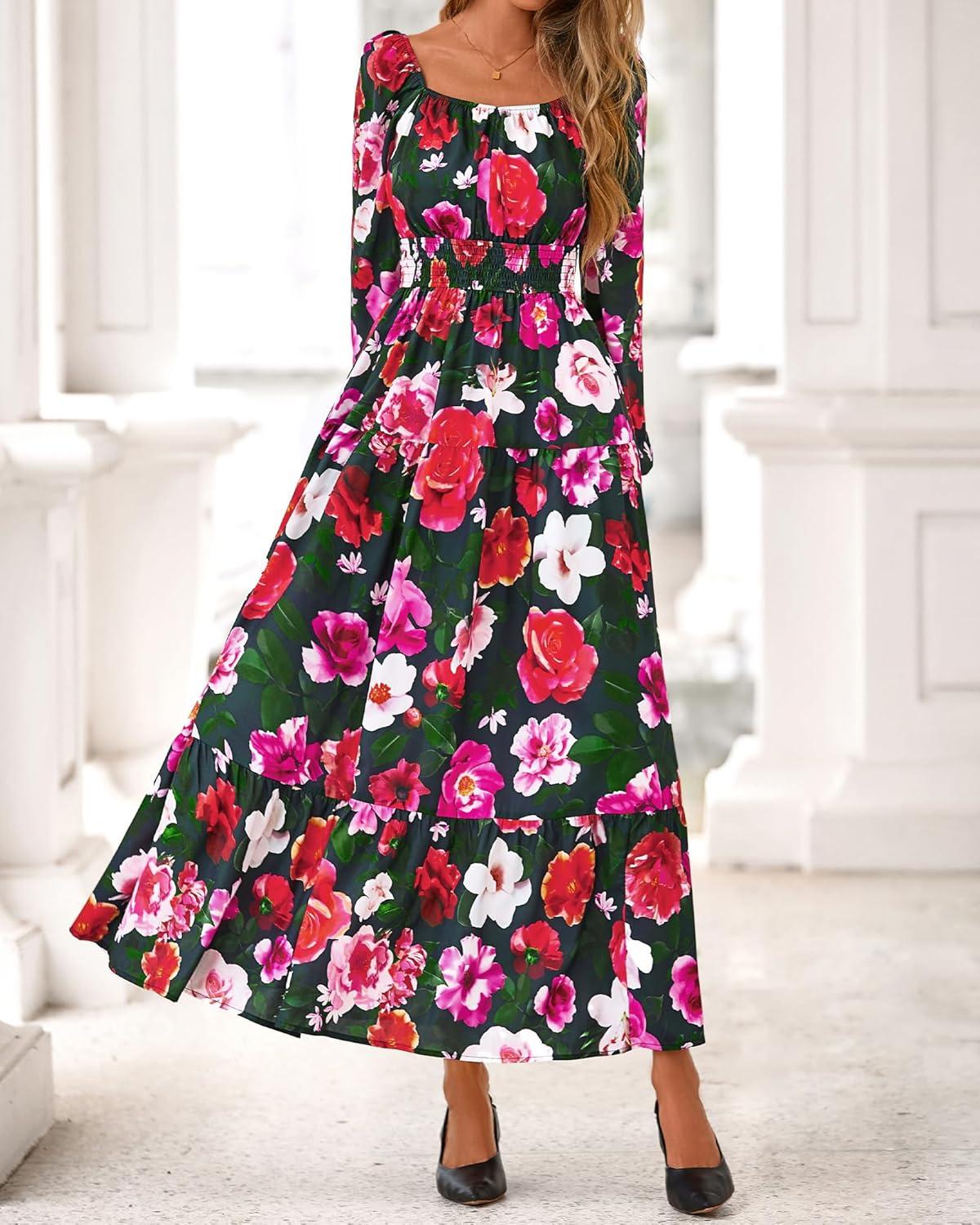 imageBTFBM Long Sleeve Dress for Women 2026 Spring Fall Boho Floral Square Neck Casual Flowy Long Wedding Guest Maxi DressesFloral Black Multi
