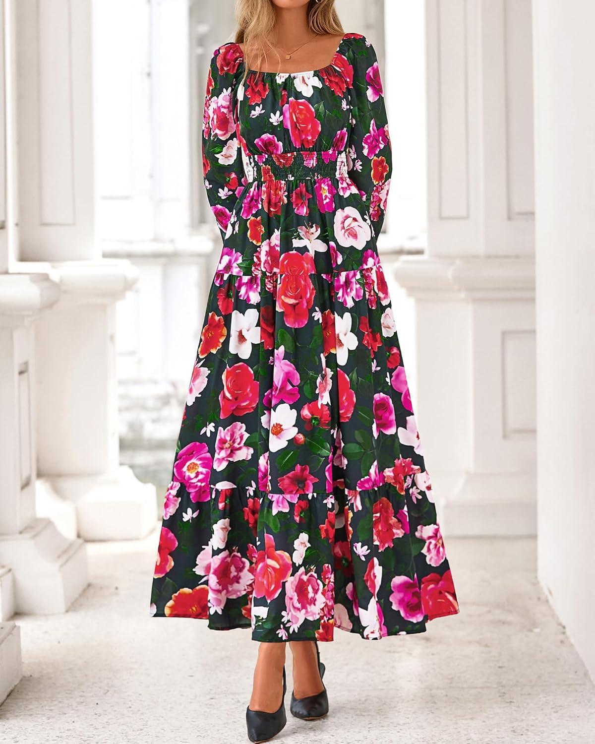 imageBTFBM Long Sleeve Dress for Women 2026 Spring Fall Boho Floral Square Neck Casual Flowy Long Wedding Guest Maxi DressesFloral Black Multi