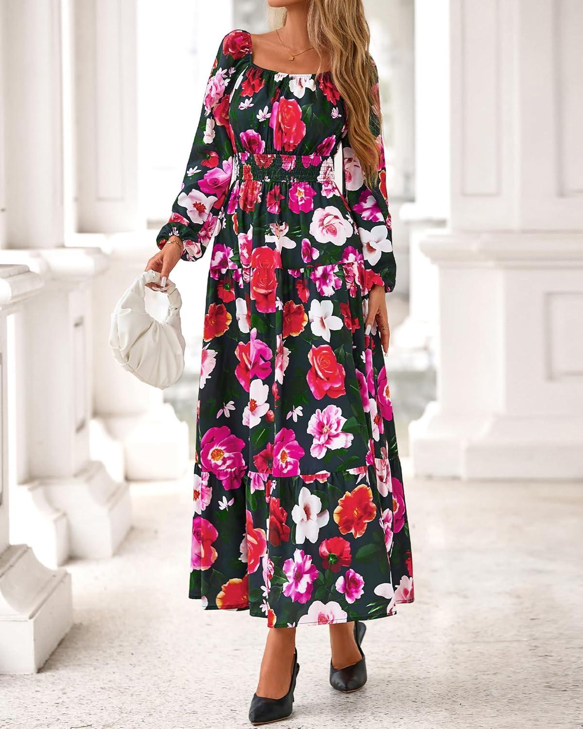 imageBTFBM Long Sleeve Dress for Women 2026 Spring Fall Boho Floral Square Neck Casual Flowy Long Wedding Guest Maxi DressesFloral Black Multi
