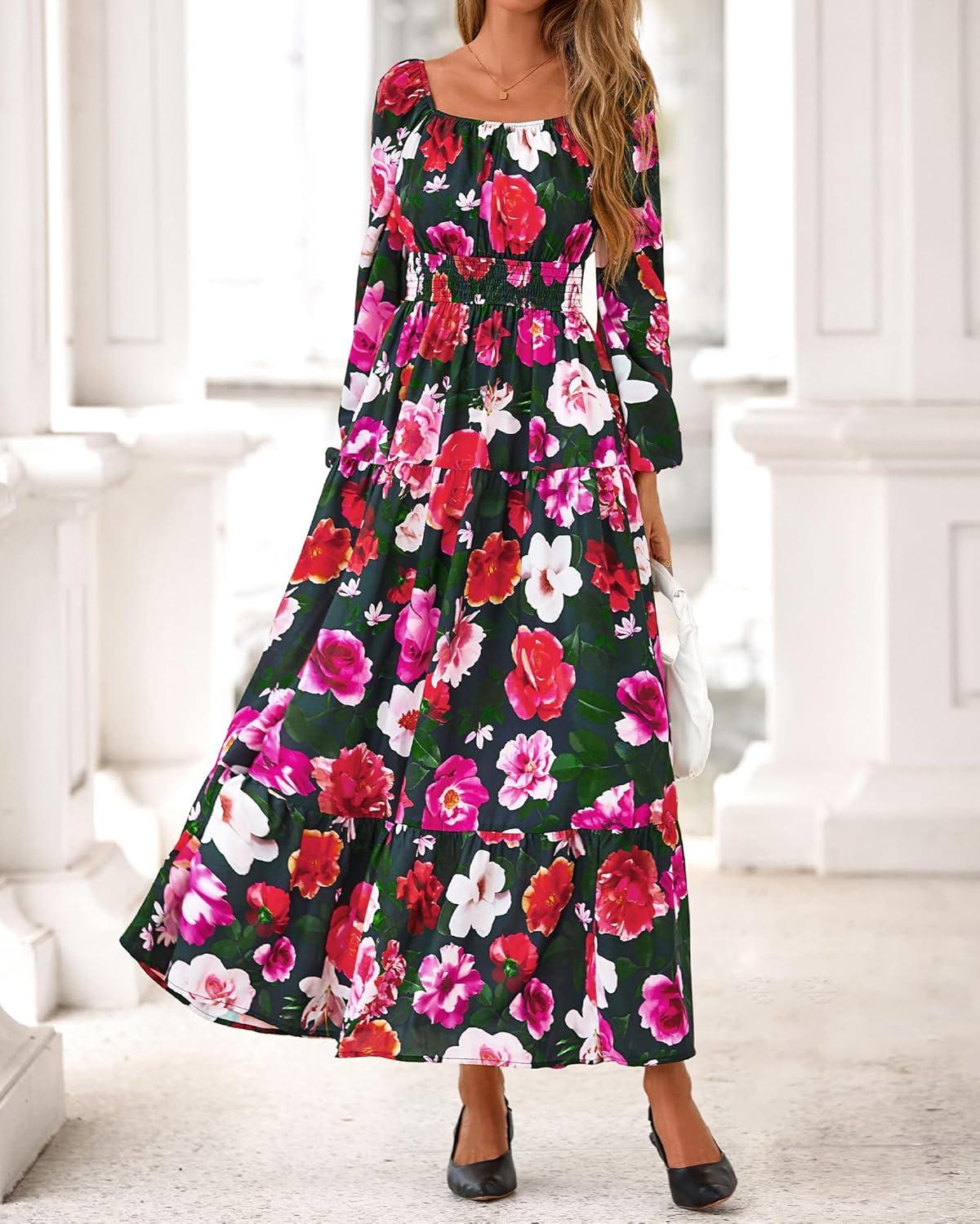 imageBTFBM Long Sleeve Dress for Women 2026 Spring Fall Boho Floral Square Neck Casual Flowy Long Wedding Guest Maxi DressesFloral Black Multi