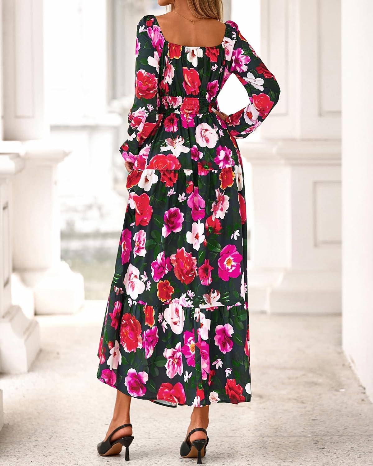 imageBTFBM Long Sleeve Dress for Women 2026 Spring Fall Boho Floral Square Neck Casual Flowy Long Wedding Guest Maxi DressesFloral Black Multi