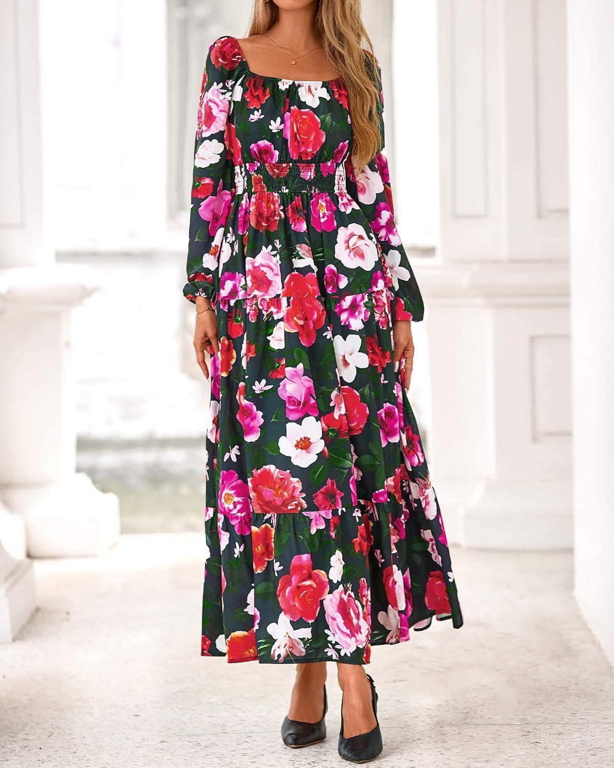 imageBTFBM Long Sleeve Dress for Women 2026 Spring Fall Boho Floral Square Neck Casual Flowy Long Wedding Guest Maxi DressesFloral Black Multi