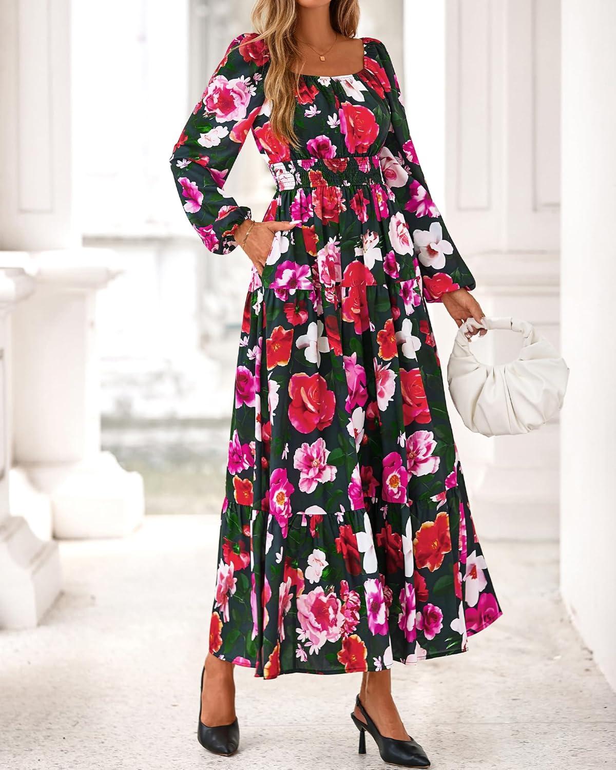 imageBTFBM Long Sleeve Dress for Women 2026 Spring Fall Boho Floral Square Neck Casual Flowy Long Wedding Guest Maxi DressesFloral Black Multi