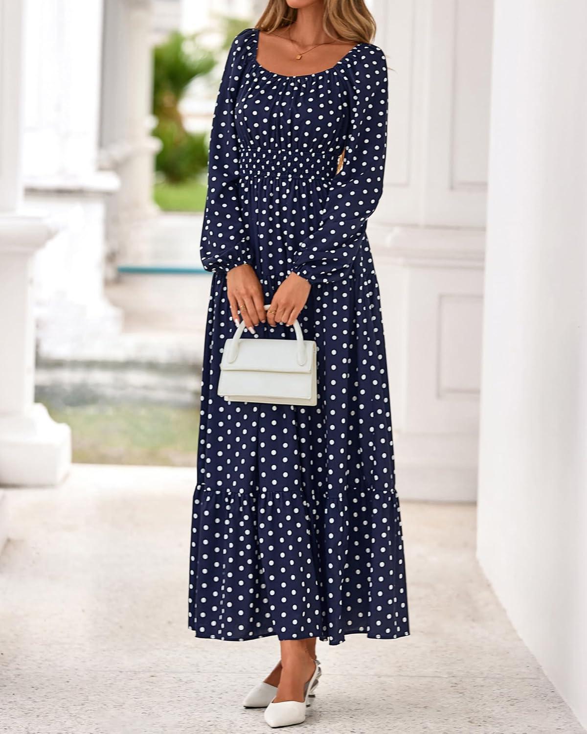imageBTFBM Long Sleeve Dress for Women 2026 Spring Fall Boho Floral Square Neck Casual Flowy Long Wedding Guest Maxi DressesPolka Dot Blue White