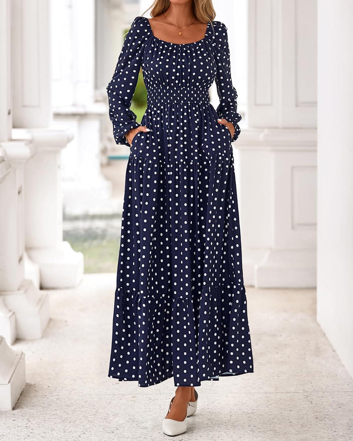 imageBTFBM Long Sleeve Dress for Women 2026 Spring Fall Boho Floral Square Neck Casual Flowy Long Wedding Guest Maxi DressesPolka Dot Blue White