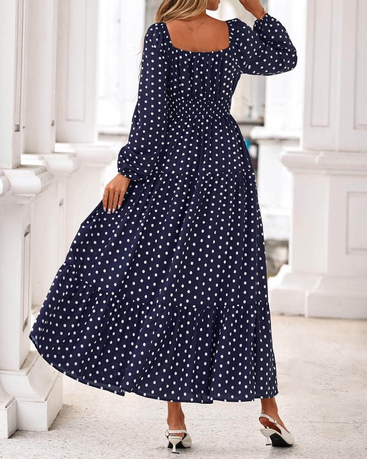 imageBTFBM Long Sleeve Dress for Women 2026 Spring Fall Boho Floral Square Neck Casual Flowy Long Wedding Guest Maxi DressesPolka Dot Blue White