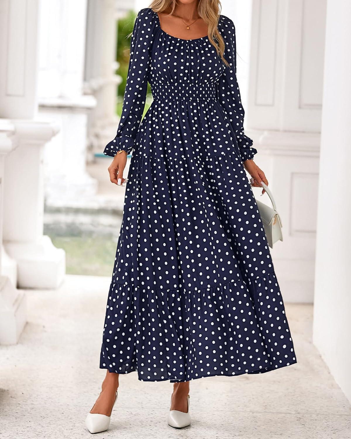 imageBTFBM Long Sleeve Dress for Women 2026 Spring Fall Boho Floral Square Neck Casual Flowy Long Wedding Guest Maxi DressesPolka Dot Blue White