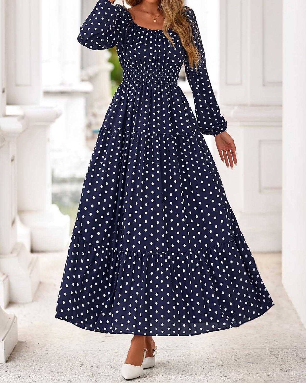 imageBTFBM Long Sleeve Dress for Women 2026 Spring Fall Boho Floral Square Neck Casual Flowy Long Wedding Guest Maxi DressesPolka Dot Blue White