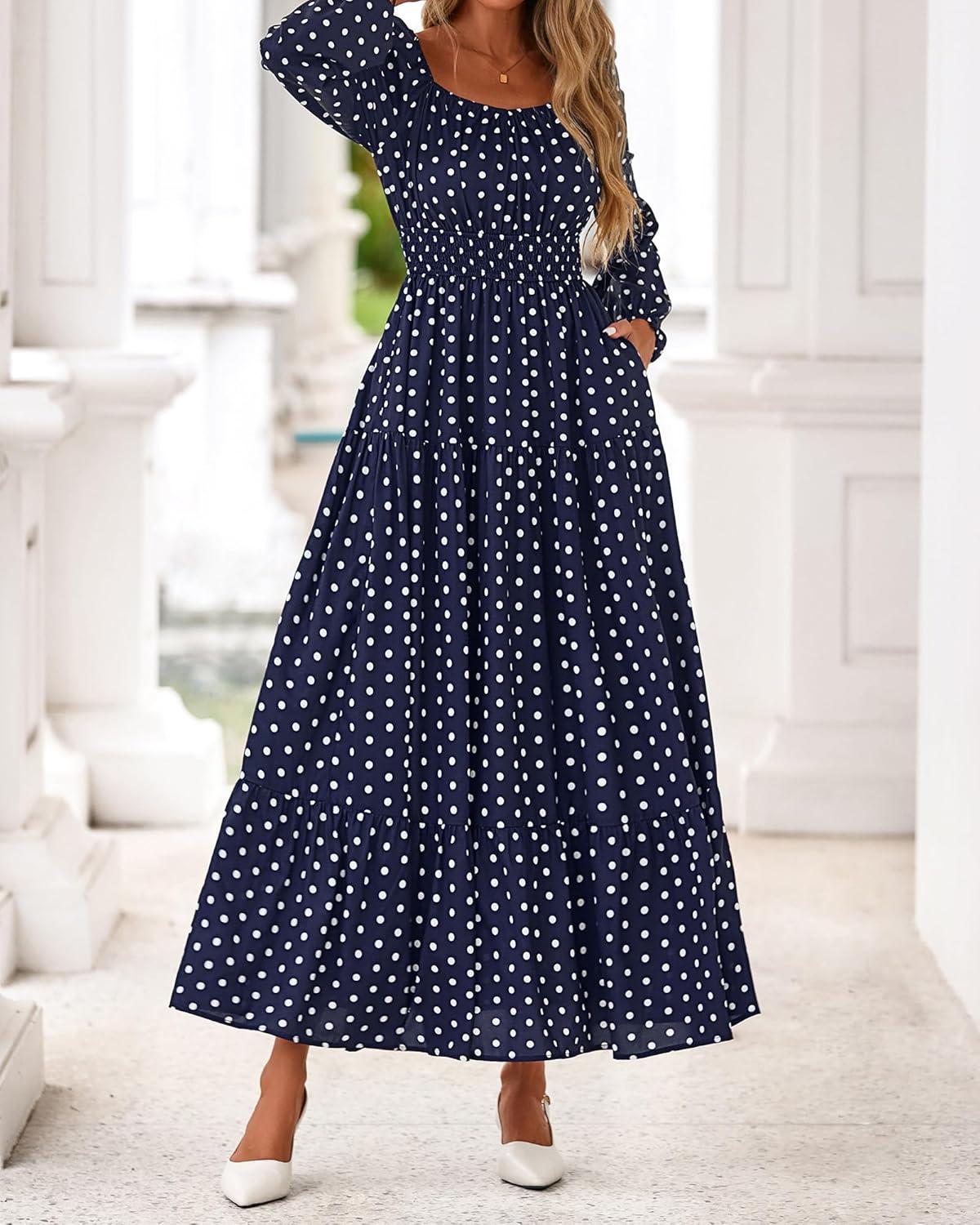 imageBTFBM Long Sleeve Dress for Women 2026 Spring Fall Boho Floral Square Neck Casual Flowy Long Wedding Guest Maxi DressesPolka Dot Blue White