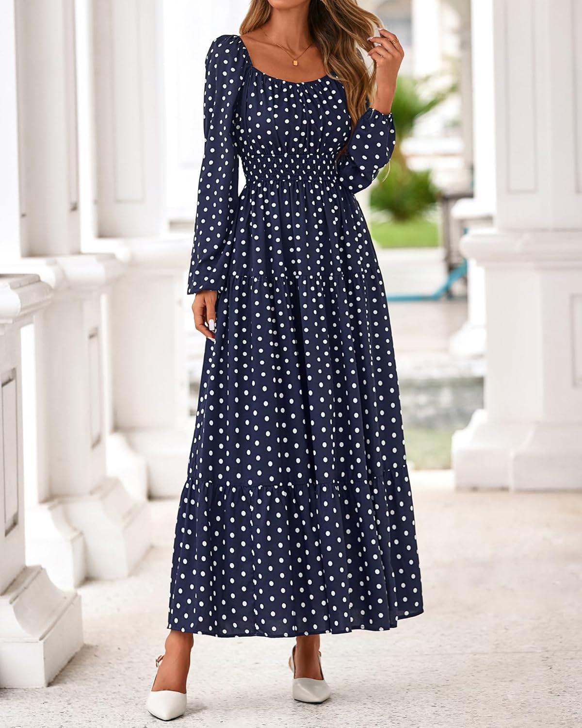 imageBTFBM Long Sleeve Dress for Women 2026 Spring Fall Boho Floral Square Neck Casual Flowy Long Wedding Guest Maxi DressesPolka Dot Blue White