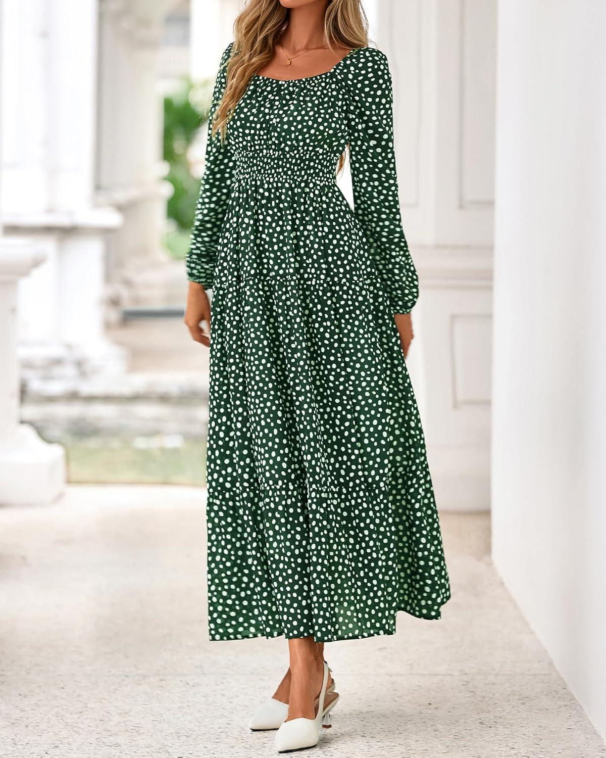 imageBTFBM Long Sleeve Dress for Women 2026 Spring Fall Boho Floral Square Neck Casual Flowy Long Wedding Guest Maxi DressesPolka Dot Green
