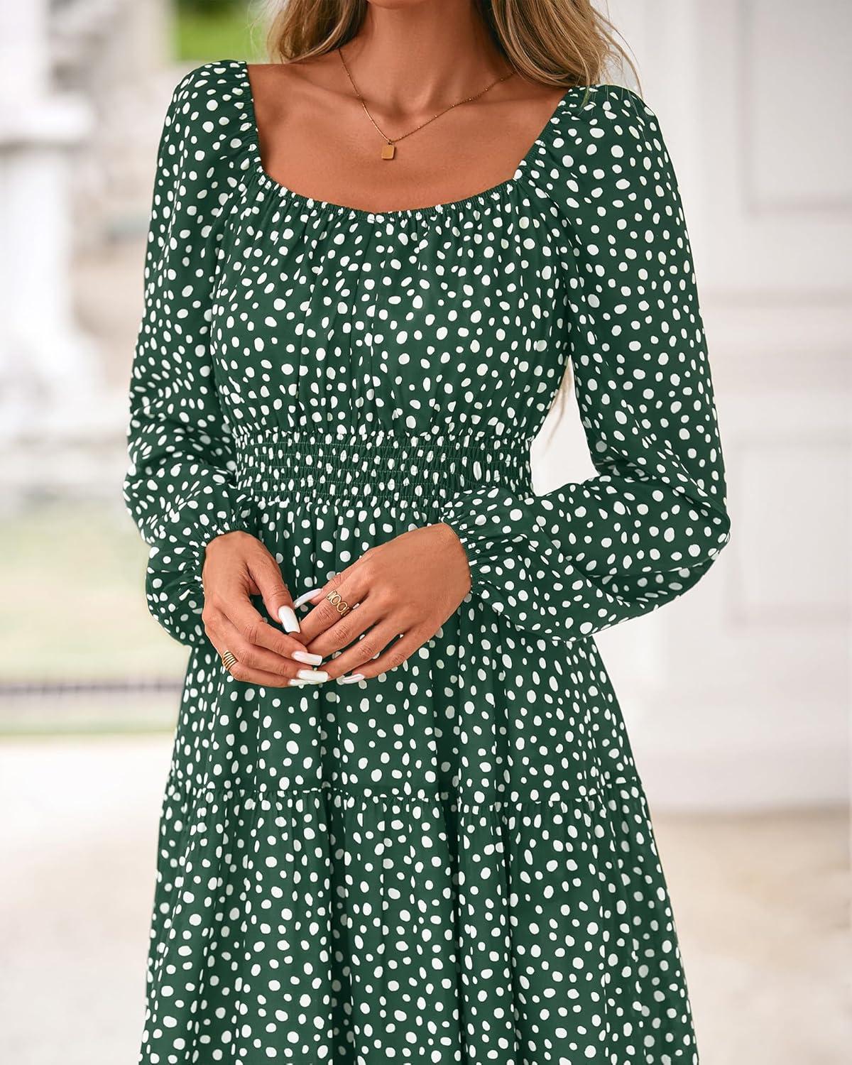 imageBTFBM Long Sleeve Dress for Women 2026 Spring Fall Boho Floral Square Neck Casual Flowy Long Wedding Guest Maxi DressesPolka Dot Green