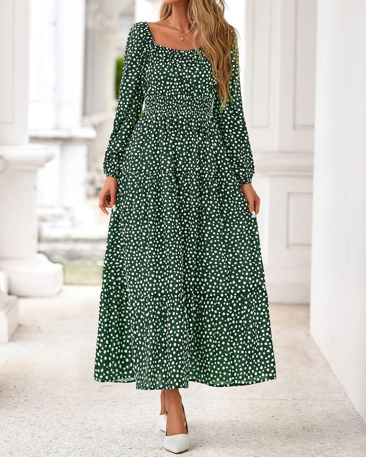 imageBTFBM Long Sleeve Dress for Women 2026 Spring Fall Boho Floral Square Neck Casual Flowy Long Wedding Guest Maxi DressesPolka Dot Green