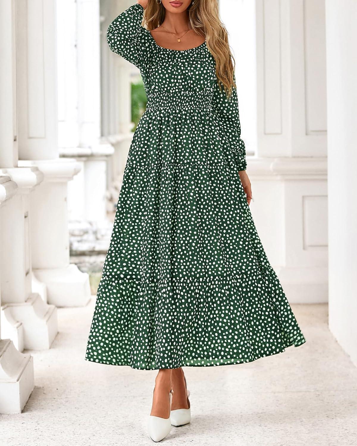 imageBTFBM Long Sleeve Dress for Women 2026 Spring Fall Boho Floral Square Neck Casual Flowy Long Wedding Guest Maxi DressesPolka Dot Green
