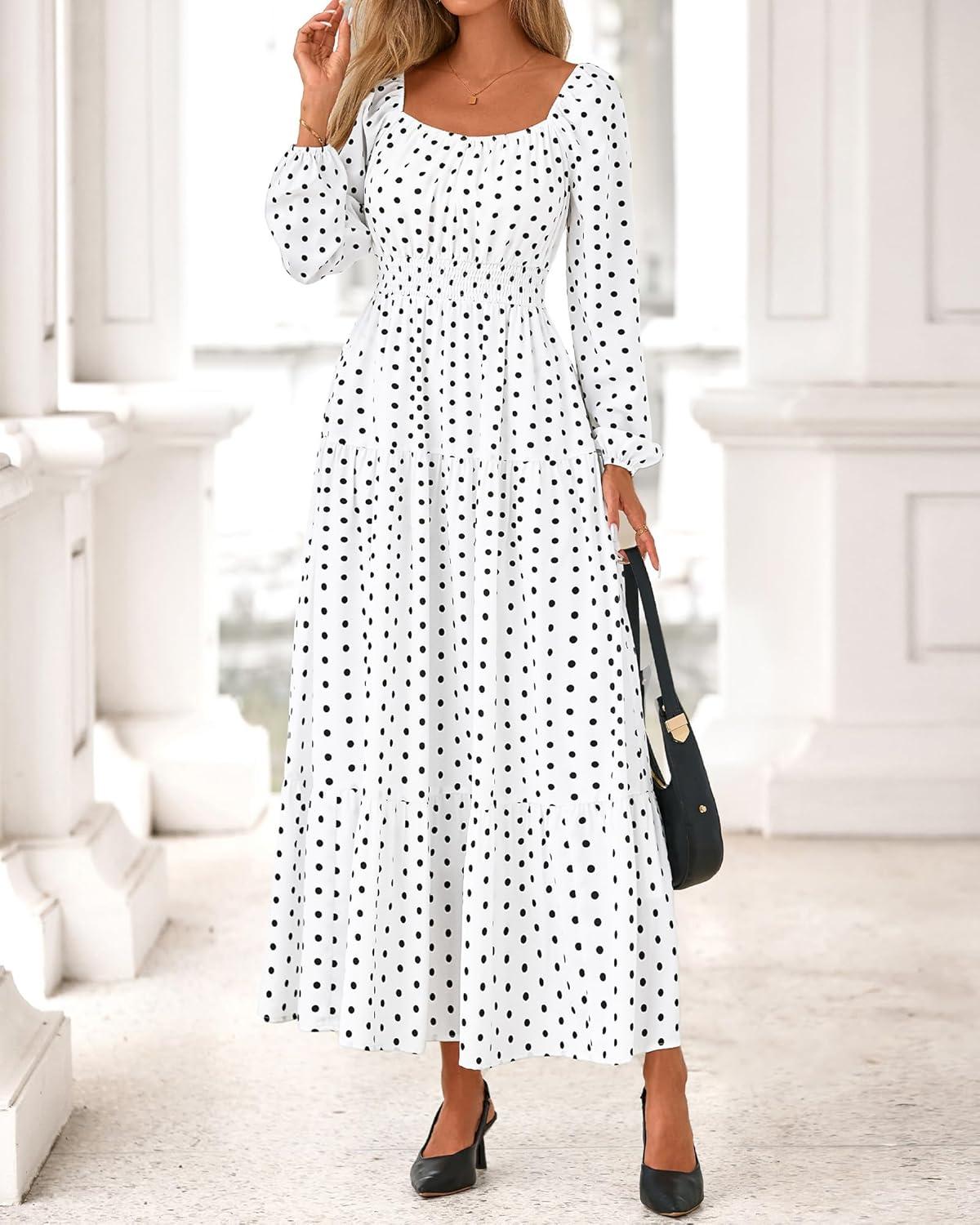 imageBTFBM Long Sleeve Dress for Women 2026 Spring Fall Boho Floral Square Neck Casual Flowy Long Wedding Guest Maxi DressesPolka Dot White Black