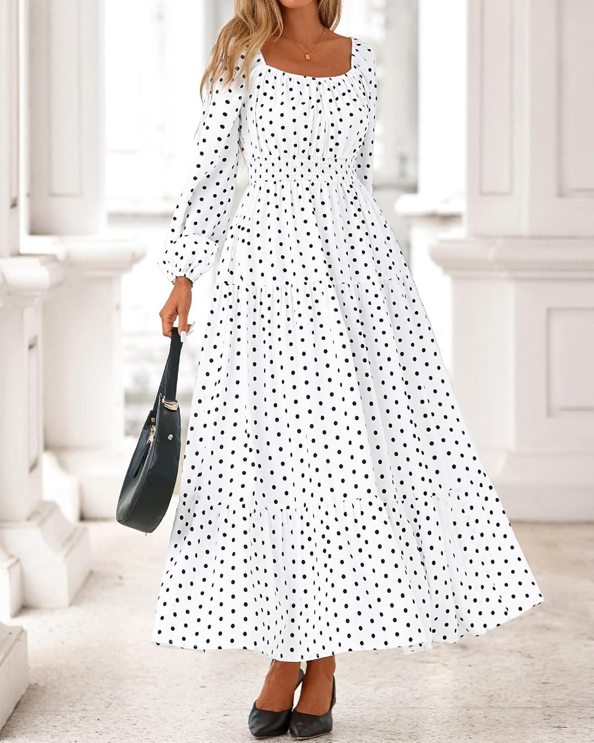 imageBTFBM Long Sleeve Dress for Women 2026 Spring Fall Boho Floral Square Neck Casual Flowy Long Wedding Guest Maxi DressesPolka Dot White Black