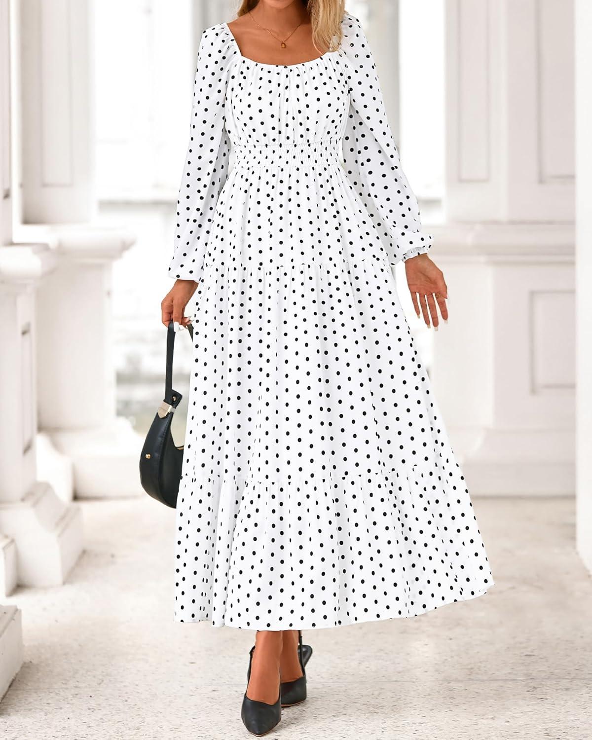 imageBTFBM Long Sleeve Dress for Women 2026 Spring Fall Boho Floral Square Neck Casual Flowy Long Wedding Guest Maxi DressesPolka Dot White Black