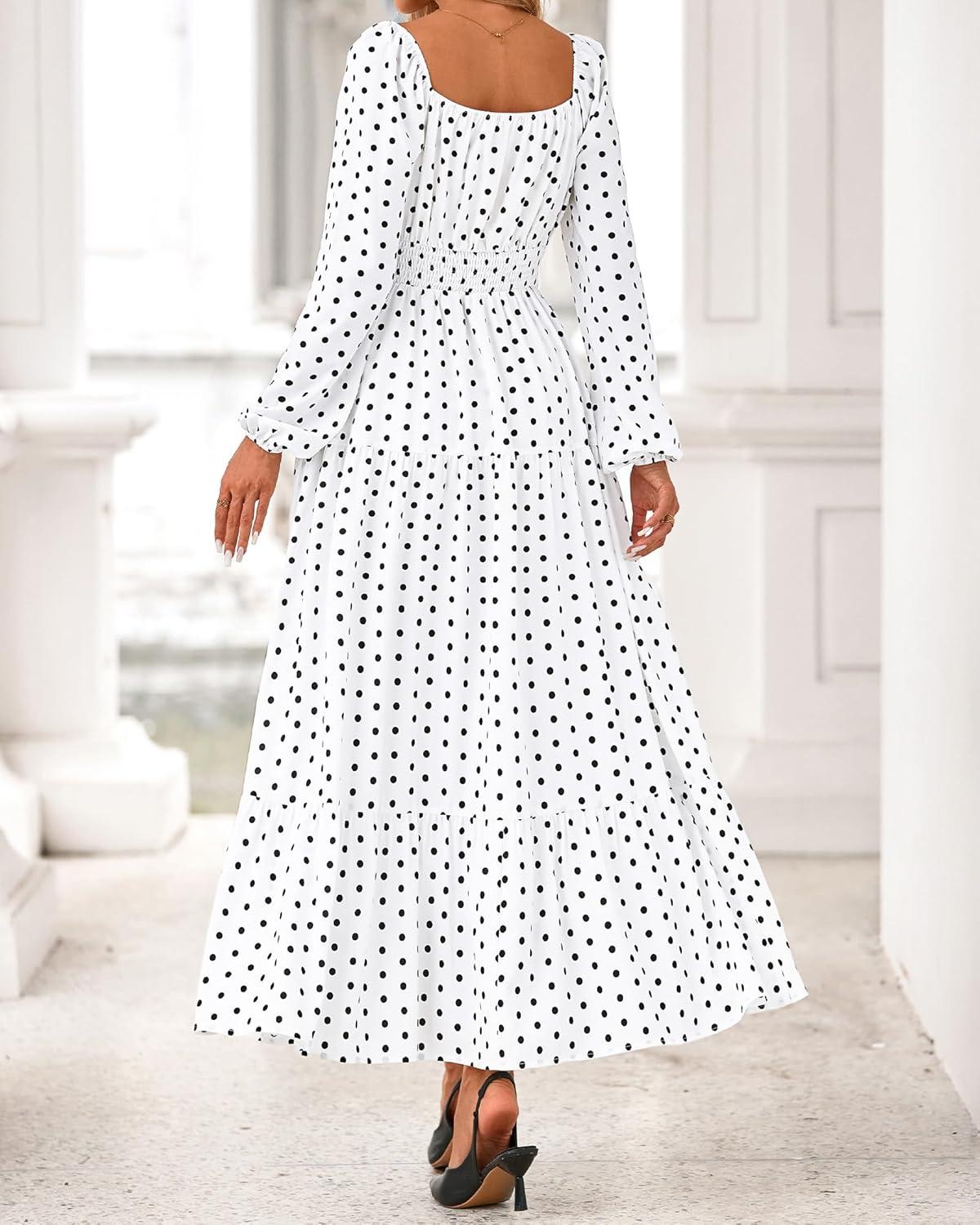 imageBTFBM Long Sleeve Dress for Women 2026 Spring Fall Boho Floral Square Neck Casual Flowy Long Wedding Guest Maxi DressesPolka Dot White Black