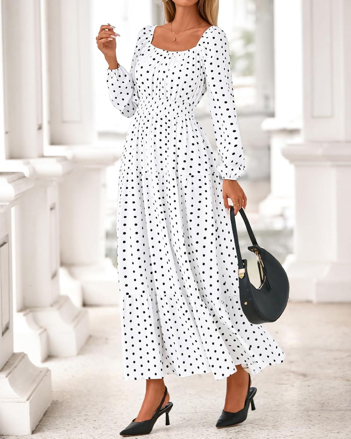 imageBTFBM Long Sleeve Dress for Women 2026 Spring Fall Boho Floral Square Neck Casual Flowy Long Wedding Guest Maxi DressesPolka Dot White Black
