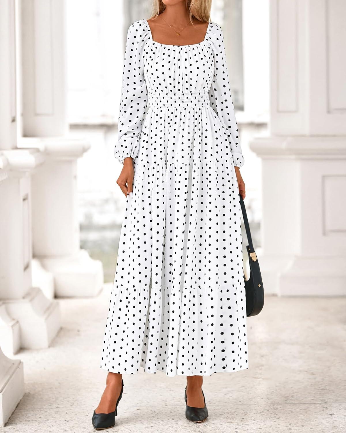 imageBTFBM Long Sleeve Dress for Women 2026 Spring Fall Boho Floral Square Neck Casual Flowy Long Wedding Guest Maxi DressesPolka Dot White Black