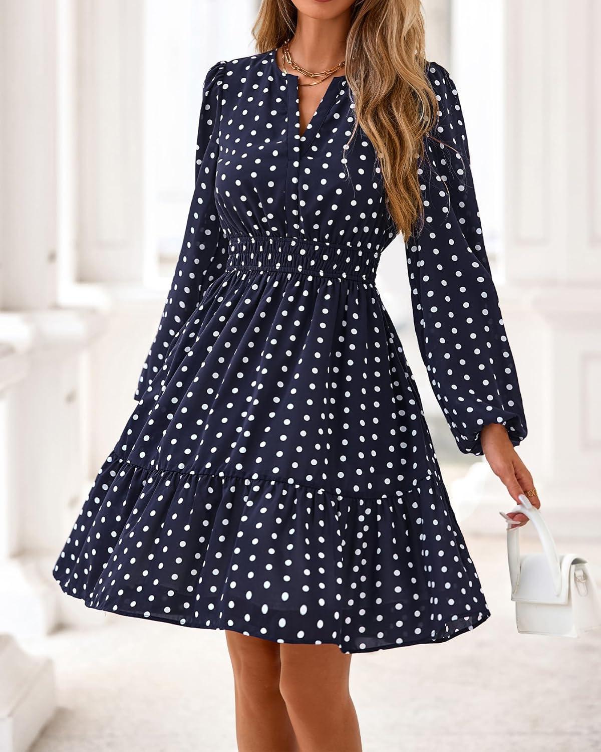 imageBTFBM Long Sleeve Dress for Women 2026 Spring Summer Mini Elastic Waist Floral Boho Beach Vacation Wedding Guest DressesDot Navy White