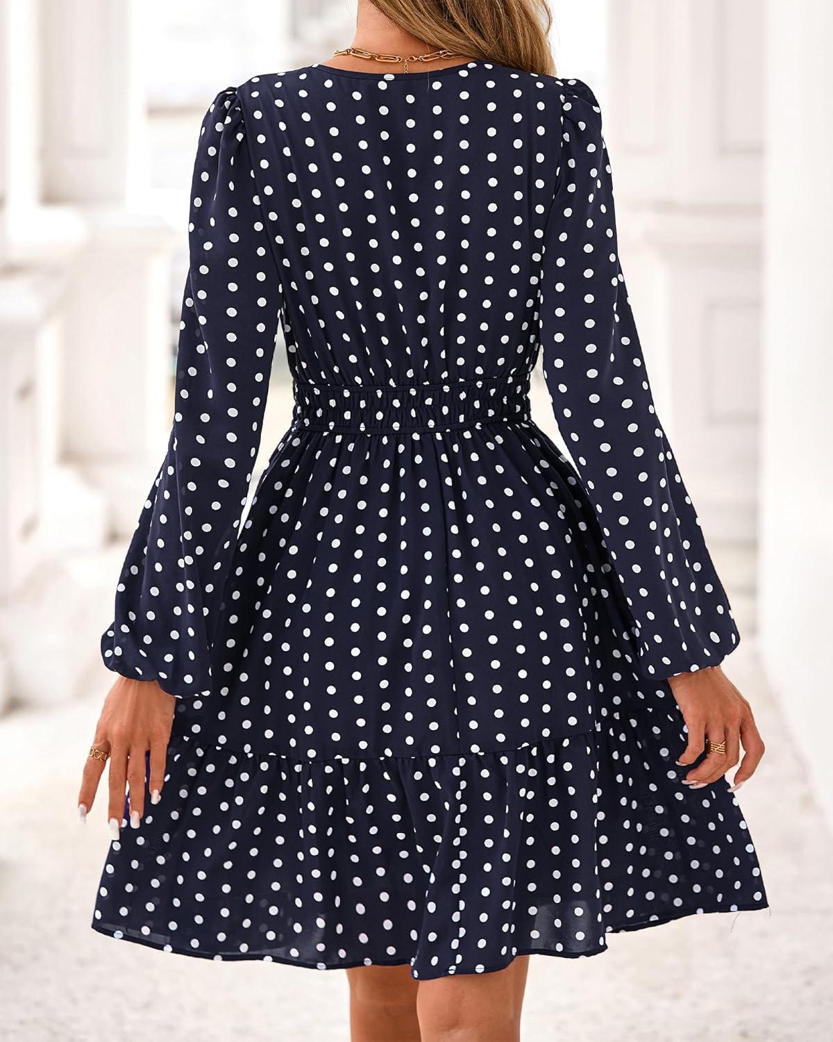 imageBTFBM Long Sleeve Dress for Women 2026 Spring Summer Mini Elastic Waist Floral Boho Beach Vacation Wedding Guest DressesDot Navy White