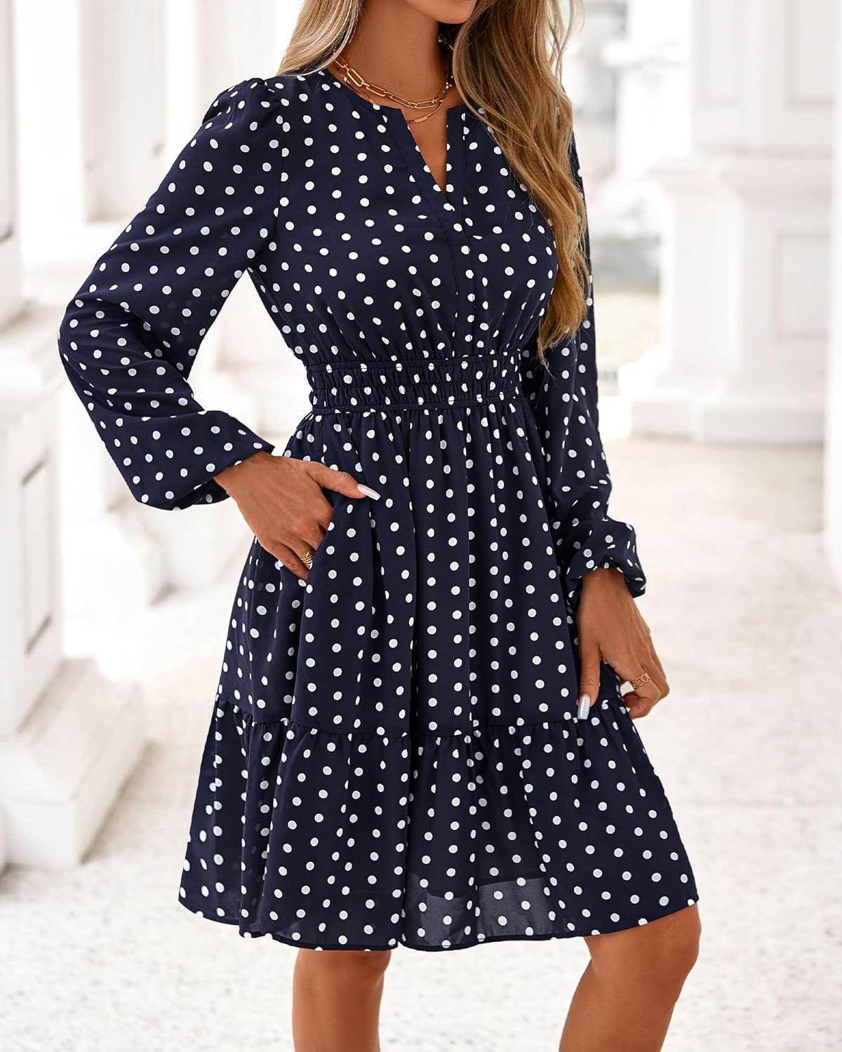 imageBTFBM Long Sleeve Dress for Women 2026 Spring Summer Mini Elastic Waist Floral Boho Beach Vacation Wedding Guest DressesDot Navy White