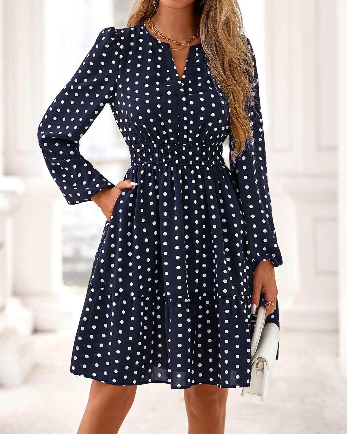 imageBTFBM Long Sleeve Dress for Women 2026 Spring Summer Mini Elastic Waist Floral Boho Beach Vacation Wedding Guest DressesDot Navy White