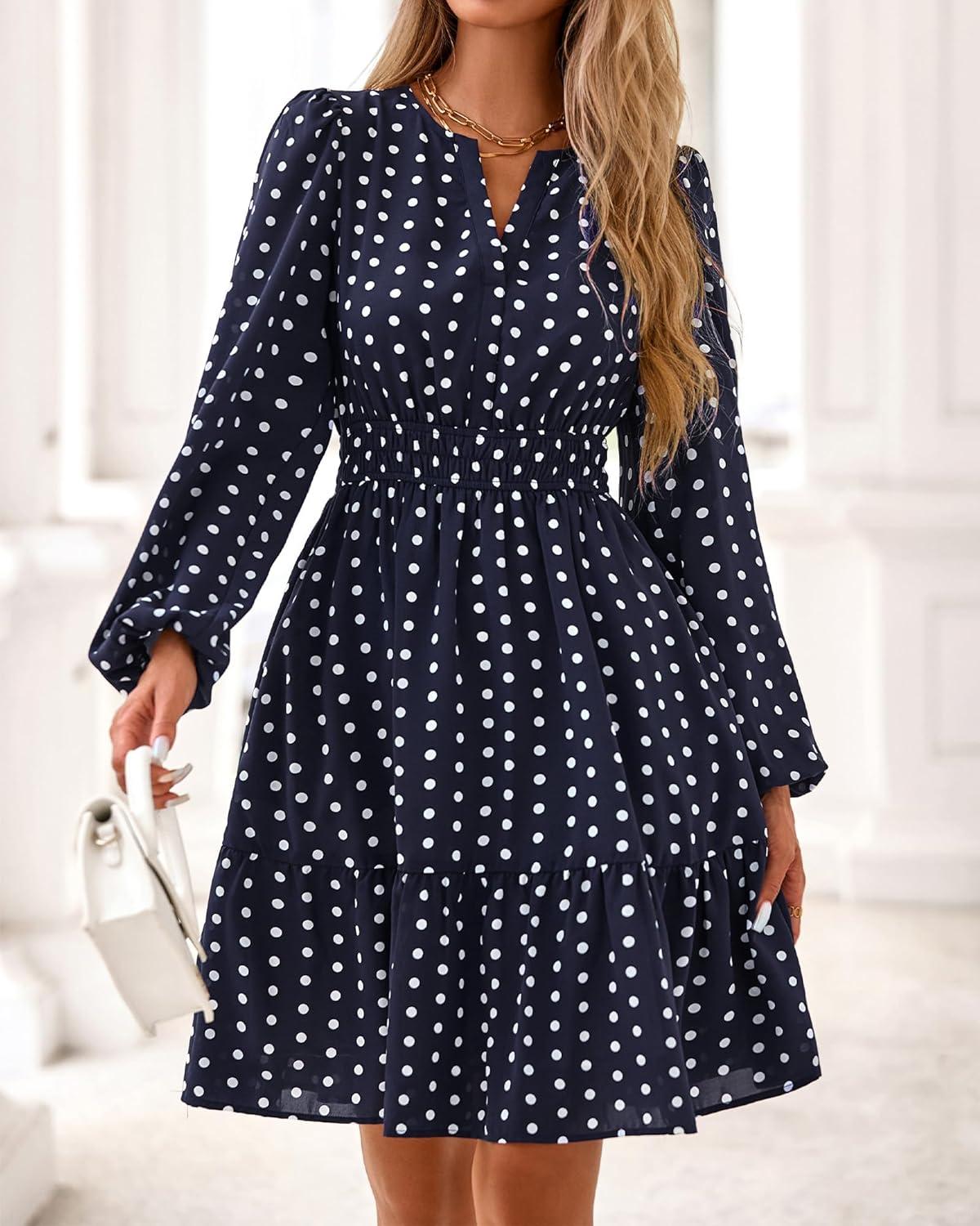 imageBTFBM Long Sleeve Dress for Women 2026 Spring Summer Mini Elastic Waist Floral Boho Beach Vacation Wedding Guest DressesDot Navy White