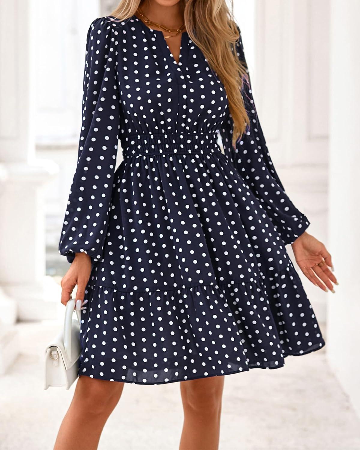 imageBTFBM Long Sleeve Dress for Women 2026 Spring Summer Mini Elastic Waist Floral Boho Beach Vacation Wedding Guest DressesDot Navy White
