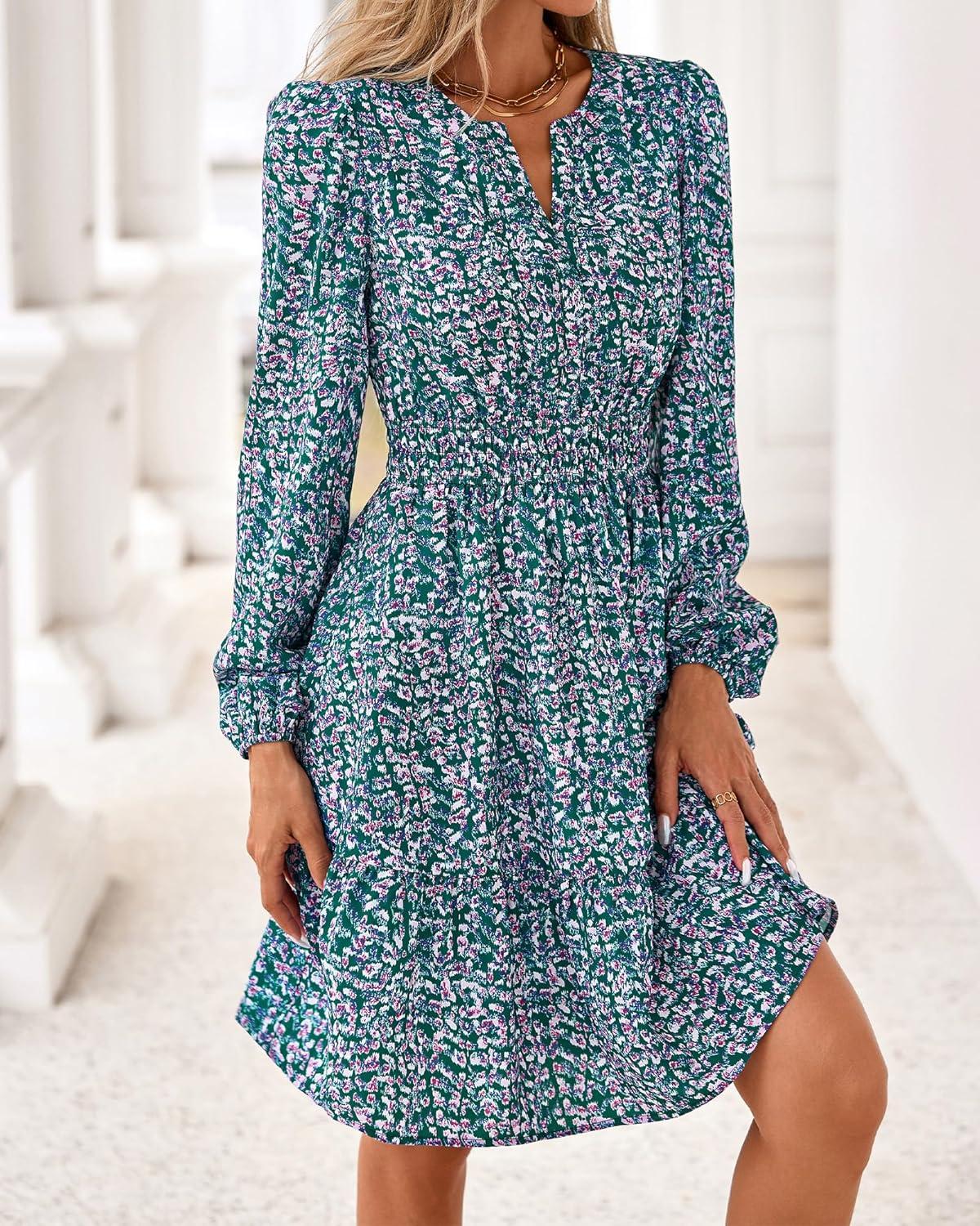 imageBTFBM Long Sleeve Dress for Women 2026 Spring Summer Mini Elastic Waist Floral Boho Beach Vacation Wedding Guest DressesFloral Purple Green