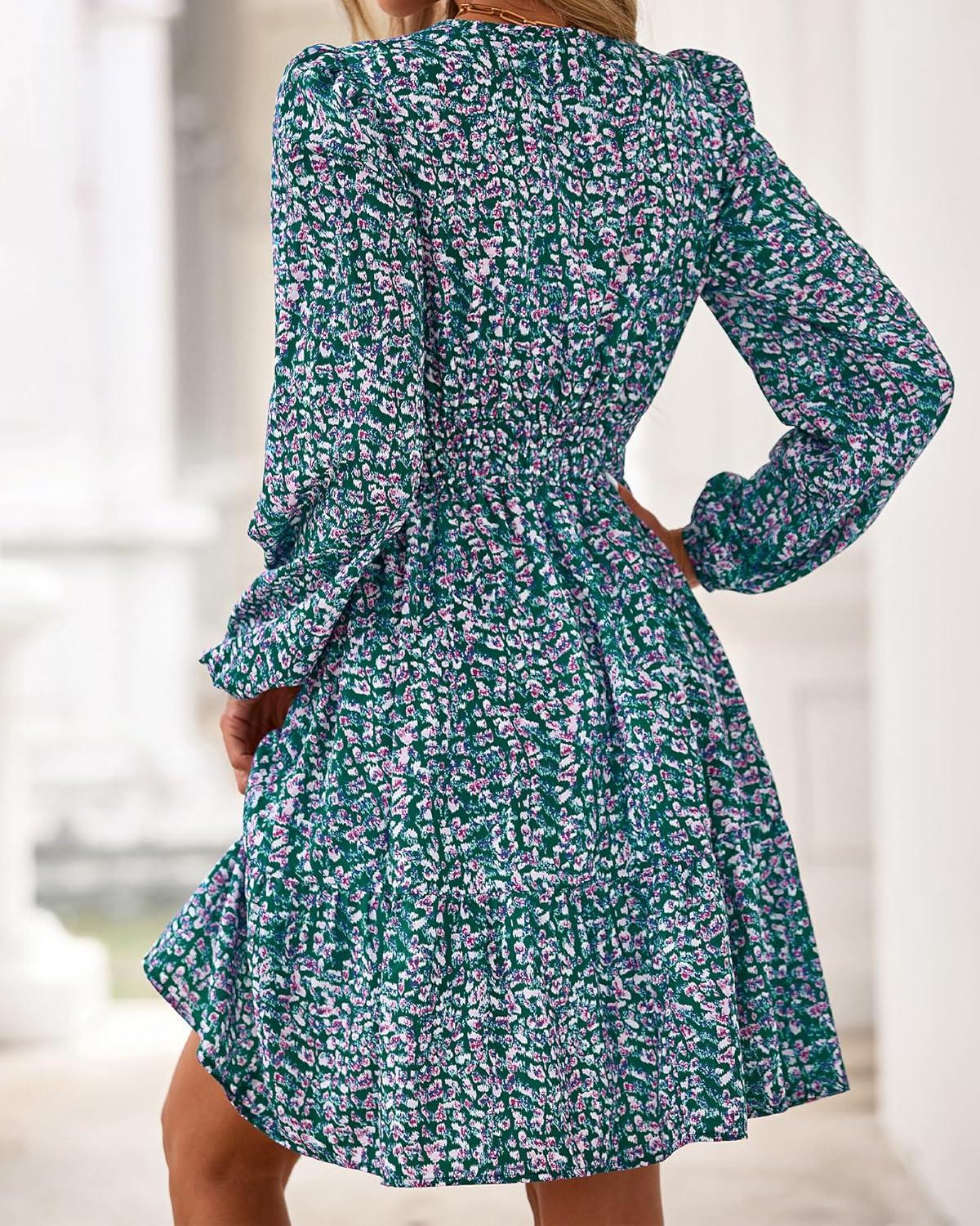 imageBTFBM Long Sleeve Dress for Women 2026 Spring Summer Mini Elastic Waist Floral Boho Beach Vacation Wedding Guest DressesFloral Purple Green
