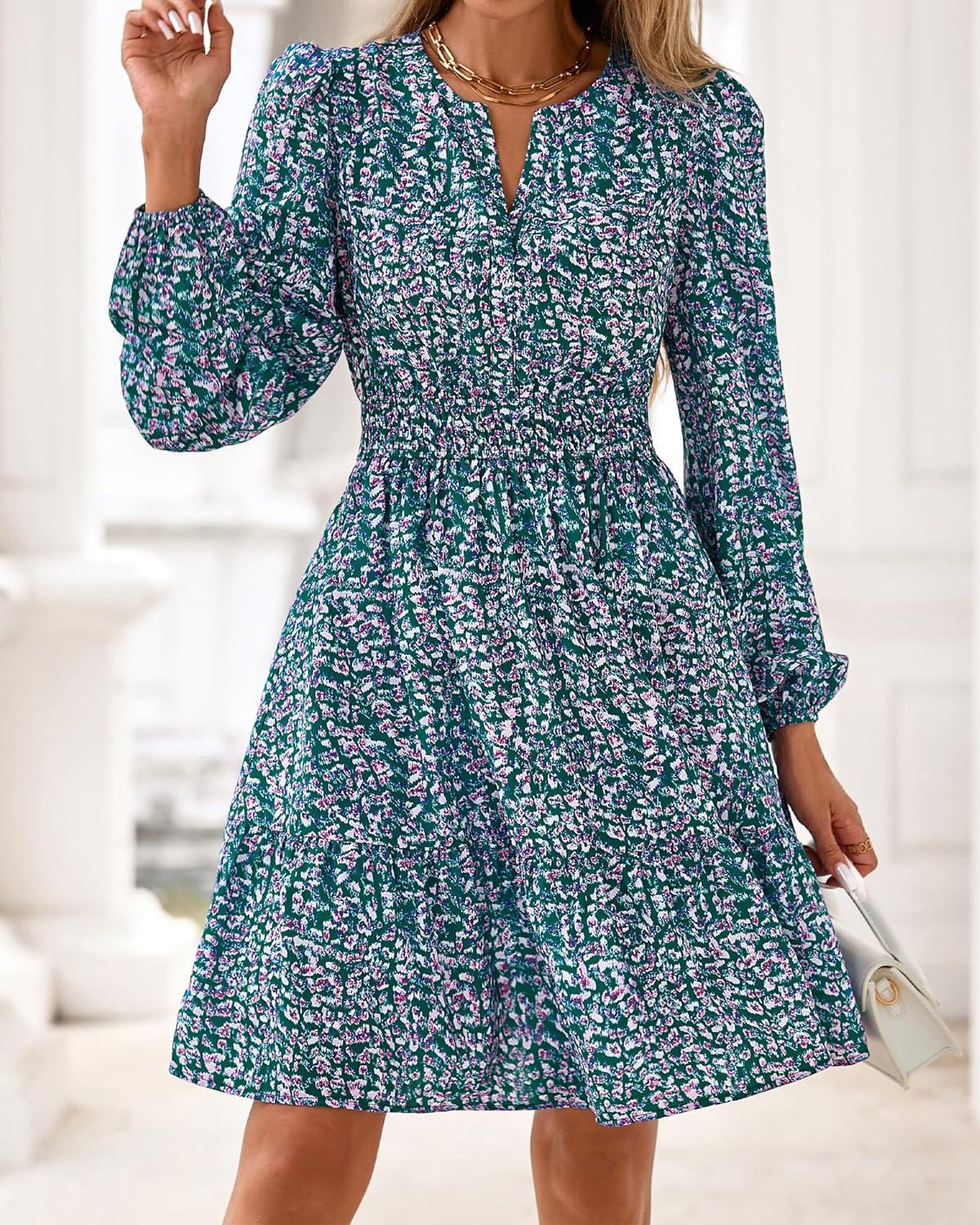 imageBTFBM Long Sleeve Dress for Women 2026 Spring Summer Mini Elastic Waist Floral Boho Beach Vacation Wedding Guest DressesFloral Purple Green
