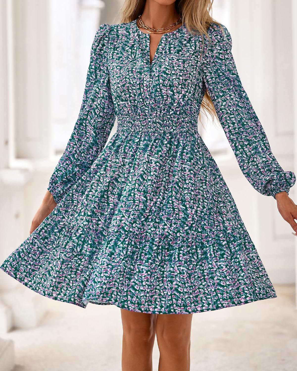 imageBTFBM Long Sleeve Dress for Women 2026 Spring Summer Mini Elastic Waist Floral Boho Beach Vacation Wedding Guest DressesFloral Purple Green