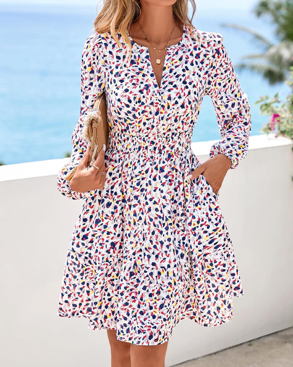 imageBTFBM Long Sleeve Dress for Women 2026 Spring Summer Mini Elastic Waist Floral Boho Beach Vacation Wedding Guest DressesFloral Purple Red