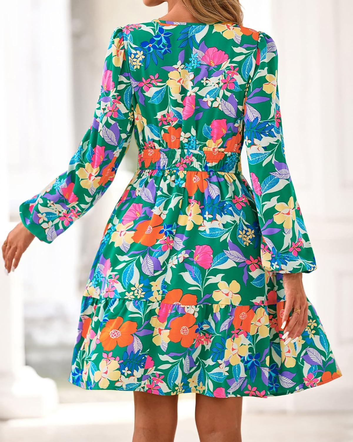 imageBTFBM Long Sleeve Dress for Women 2026 Spring Summer Mini Elastic Waist Floral Boho Beach Vacation Wedding Guest DressesGreen Orange Flower